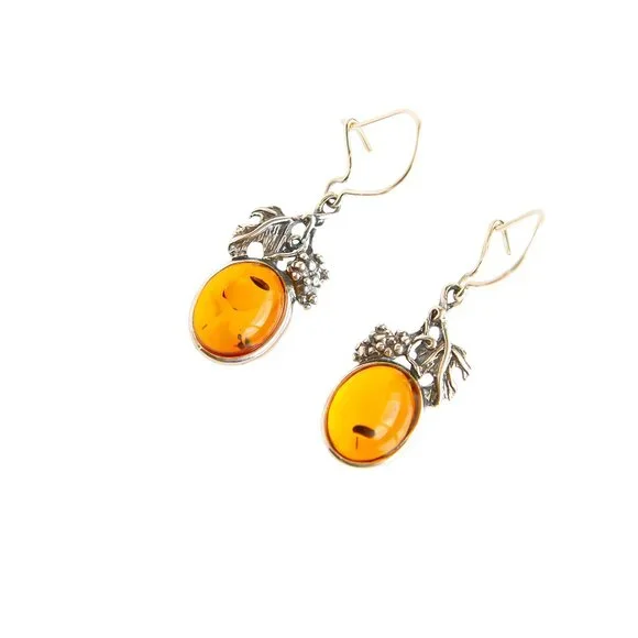 Baltic Amber Grape Leaf Dangle Earrings in s925 - Picture 3 of 6